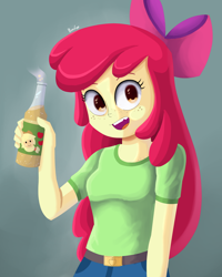 Size: 1600x2000 | Tagged: safe, artist:biocrine, imported from derpibooru, apple bloom, applejack, equestria girls, breasts, busty apple bloom, cider, female, freckles, looking at you, open mouth, smiling, solo
