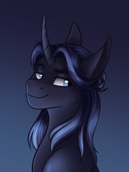 Size: 1070x1423 | Tagged: safe, artist:zahsart, imported from derpibooru, oc, oc only, pony, unicorn, curved horn, horn, lidded eyes, looking at you, smiling, solo