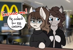 Size: 2137x1480 | Tagged: safe, artist:zahsart, imported from derpibooru, oc, oc only, oc:hickory, oc:vantage, earth pony, pegasus, semi-anthro, clothes, dialogue, frown, sweater, unamused