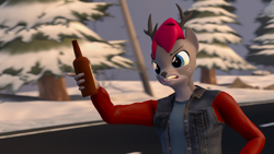 Size: 2560x1440 | Tagged: safe, artist:arcanetesla, imported from derpibooru, oc, oc only, oc:liney, anthro, deer, 3d, angry, deer oc, drunk, snow, solo, source filmmaker, tree