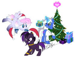 Size: 6000x4694 | Tagged: safe, artist:kaitykat117, imported from derpibooru, oc, oc only, oc:heavy weather, oc:purple haze, oc:weird science, pegasus, pony, unicorn, absurd resolution, angry, base used, best friends, christmas, christmas tree, female, fire of friendship, flying, frown, glowing, glowing horn, grin, gritted teeth, hat, hearth's warming eve, holiday, horn, magic, magic aura, male, mare, pegasus oc, present, raised hoof, santa hat, simple background, smiling, spread wings, stallion, telekinesis, transparent background, tree, unicorn oc, vector, wings