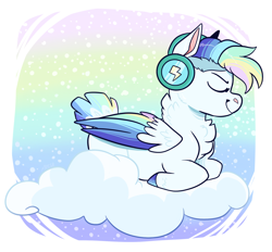 Size: 1726x1604 | Tagged: safe, artist:moccabliss, imported from derpibooru, oc, oc only, oc:polychrome, pegasus, pony, cloud, headphones, lying down, offspring, parent:rainbow dash, parent:soarin', parents:soarindash, prone, solo