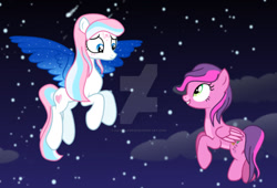 Size: 1280x869 | Tagged: safe, artist:hate-love12, imported from derpibooru, skywishes, star catcher, pegasus, pony, deviantart watermark, duo, duo female, female, flying, g3, g3 to g4, g4, generation leap, looking at each other, night, obtrusive watermark, shooting star, smiling, watermark
