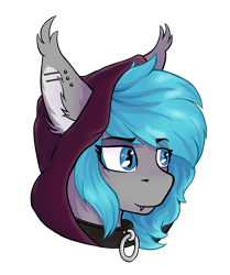 Size: 1850x2208 | Tagged: safe, artist:yognaughtsteve, imported from derpibooru, oc, oc only, oc:midnight dagger, bat pony, pony, collar, ear fluff, hood, piercing, simple background, solo, transparent background