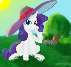 Size: 3022x2832 | Tagged: safe, artist:l1ght, imported from derpibooru, rarity, pony, unicorn, blue eyes, female, giant hat, grass, hat, high res, looking at you, mare, meadow, nature, outdoors, sitting, smiling, smiling at you, solo, tree