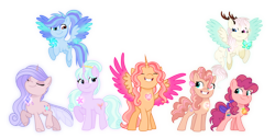 Size: 1280x645 | Tagged: safe, artist:dawnheartyt, imported from derpibooru, oc, oc only, alicorn, earth pony, pegasus, pony, unicorn, alicorn oc, antlers, base used, earth pony oc, eyelashes, eyes closed, female, flying, grin, group, horn, mare, pegasus oc, raised hoof, simple background, smiling, spread wings, transparent background, unicorn oc, wings