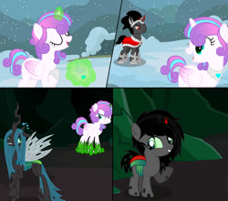 Size: 1280x1127 | Tagged: safe, artist:cobaltstaryt, imported from derpibooru, king sombra, princess flurry heart, queen chrysalis, oc, alicorn, changeling, changepony, hybrid, pony, base used, cave, changeling oc, changeling slime, comic, eyelashes, female, grin, interspecies offspring, male, mare, offspring, older, older flurry heart, outdoors, parent:king sombra, parent:queen chrysalis, parents:chrysombra, peytral, raised hoof, smiling, snow, stallion