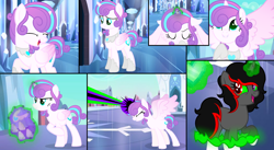 Size: 1280x700 | Tagged: safe, artist:cobaltstaryt, imported from derpibooru, princess flurry heart, changepony, hybrid, pony, base used, blast, comic, crystal heart, dark magic, disguise, disguised changeling, eyelashes, female, glowing, glowing horn, horn, interspecies offspring, magic, magic beam, magic blast, mare, offspring, older, older flurry heart, parent:king sombra, parent:queen chrysalis, parents:chrysombra, peytral, smiling, telekinesis
