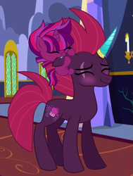Size: 947x1250 | Tagged: safe, artist:madlilon2051, imported from derpibooru, fizzlepop berrytwist, tempest shadow, oc, oc:cherry burst, pony, unicorn, baby, baby pony, base used, biting, crystal horn, duo, ear bite, eyes closed, female, filly, horn, mare, offspring, parent:tempest shadow, prosthetic horn, prosthetics, tempest gets her horn back
