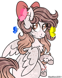 Size: 803x1011 | Tagged: safe, artist:madlilon2051, imported from derpibooru, oc, oc only, butterfly, pegasus, pony, bow, commission, ear fluff, eyelashes, female, hair bow, mare, pegasus oc, simple background, smiling, solo, transparent background, unshorn fetlocks, wings, ych result