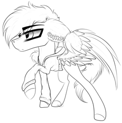 Size: 2489x2513 | Tagged: safe, artist:beamybutt, imported from derpibooru, oc, oc only, pegasus, pony, clothes, ear fluff, high res, lineart, male, monochrome, pegasus oc, raised hoof, simple background, solo, stallion, white background, wings