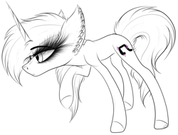 Size: 3042x2314 | Tagged: safe, artist:beamybutt, imported from derpibooru, oc, oc only, pony, unicorn, ear fluff, eyelashes, female, high res, horn, lineart, mare, monochrome, raised hoof, simple background, solo, unicorn oc, white background