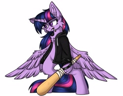 Size: 2569x2017 | Tagged: safe, artist:severe acrophobia, imported from derpibooru, twilight sparkle, alicorn, semi-anthro, baseball bat, cigarette, clothes, high res, hoof hold, jacket, smoking, solo, twilight sparkle (alicorn)