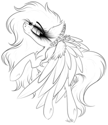 Size: 2677x3095 | Tagged: safe, artist:beamybutt, imported from derpibooru, oc, oc only, pegasus, pony, ear fluff, female, high res, lineart, mare, monochrome, pegasus oc, simple background, solo, underhoof, white background