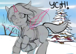 Size: 1052x744 | Tagged: safe, artist:leastways, imported from derpibooru, pony, any gender, any species, clothes, commission, snow, winter, winter outfit, ych sketch, your character here