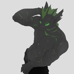 Size: 1800x1800 | Tagged: safe, artist:nsilverdraws, imported from derpibooru, oc, oc only, oc:villainshima, anthro, changeling, abs, anthro oc, arm behind head, chitin, clothes, exoskeleton, eyebrows, glowing, glowing eyes, green changeling, male, muscles, muscular male, pants, partial nudity, pecs, sexy, simple background, solo, topless, white background