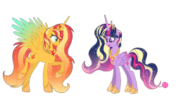 Size: 1309x750 | Tagged: safe, artist:just-silvushka, imported from derpibooru, sunset shimmer, twilight sparkle, alicorn, pony, equestria girls, the last problem, alicornified, base used, crown, duo, ethereal mane, eyelashes, female, hoof shoes, jewelry, mare, older, older sunset, older twilight, peytral, princess twilight 2.0, race swap, regalia, simple background, spread wings, starry mane, transparent background, twilight sparkle (alicorn), wings