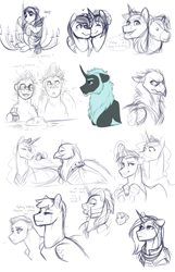 Size: 1600x2477 | Tagged: safe, artist:royvdhel-art, imported from derpibooru, oc, oc only, griffon, pegasus, pony, unicorn, griffon oc, horn, lineart, male, partial nudity, pegasus oc, sketch, sketch dump, smiling, stallion, unicorn oc