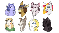 Size: 1920x1080 | Tagged: safe, artist:royvdhel-art, imported from derpibooru, oc, oc only, anthro, dog, earth pony, human, pegasus, pony, unicorn, anthro with ponies, beanie, bust, earth pony oc, female, glasses, group, hat, horn, pegasus oc, simple background, smiling, unicorn oc, white background