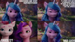 Size: 1280x720 | Tagged: safe, edit, edited screencap, editor:quoterific, imported from derpibooru, screencap, izzy moonbow, pipp petals, zipp storm, pegasus, pony, unicorn, spoiler:my little pony: a new generation, fake horn, female, g5, mare, my little pony: a new generation, open mouth, trio, trio female