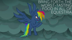Size: 1280x720 | Tagged: safe, edit, edited screencap, editor:quoterific, imported from derpibooru, screencap, rainbow dash, pegasus, pony, season 7, secrets and pies, cloud, evil pie hater dash, female, flying, mare, open mouth, open smile, smiling, solo, wings