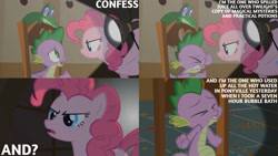 Size: 1280x720 | Tagged: safe, edit, edited screencap, editor:quoterific, imported from derpibooru, screencap, gummy, pinkie pie, spike, alligator, dragon, earth pony, pony, party of one, season 1, chair, eyes closed, female, implied twilight sparkle, male, mare, open mouth, sugarcube corner