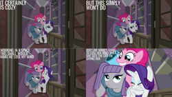 Size: 1280x720 | Tagged: safe, edit, edited screencap, editor:quoterific, imported from derpibooru, screencap, maud pie, pinkie pie, rarity, earth pony, pony, unicorn, season 6, the gift of the maud pie, eyes closed, female, grin, mare, open mouth, open smile, party cannon, smiling
