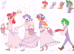 Size: 10100x7400 | Tagged: safe, artist:blacktiger273, imported from derpibooru, apple bloom, scootaloo, spike, sweetie belle, dragon, earth pony, human, pegasus, unicorn, a canterlot wedding, absurd resolution, basket, clothes, cummerbund, cutie mark crusaders, dark skin, flats, floral head wreath, flower, flower girl, flower girl dress, grin, humanized, jewelry, open mouth, open smile, petals, pillow, ring, ring bearer, shoes, simple background, smiling, tan skin, vest, wedding ring, white background