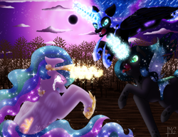 Size: 1190x916 | Tagged: safe, artist:bluediamondoficial01, imported from derpibooru, nightmare moon, princess celestia, queen chrysalis, alicorn, changeling, pony, angry, cloud, crown, crying, ethereal mane, feather, female, fight, flowing mane, flowing tail, flying, glowing, glowing eyes, glowing horn, hoof shoes, horn, jewelry, looking at you, magic, moon, moonlight, night, open mouth, regalia, signature, sky, spread wings, starry mane, starry tail, stars, tail, tree, wings