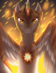 Size: 857x1116 | Tagged: safe, artist:bluediamondoficial01, imported from derpibooru, daybreaker, alicorn, pony, armor, colored pupils, digital art, feather, female, fire, gem, helmet, horn, jewelry, looking at you, night, signature, simple background, smiling, solo, wing armor, wings, yellow eyes