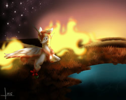 Size: 1280x1020 | Tagged: safe, artist:bluediamondoficial01, imported from derpibooru, daybreaker, alicorn, pony, armor, digital art, eyelashes, feather, female, fire, flower, gem, grass, helmet, hoof shoes, horn, jewelry, long horn, lying down, mane of fire, regalia, signature, smiling, solo, stars, sunlight, sunrise, water, wing armor, wings, yellow eyes
