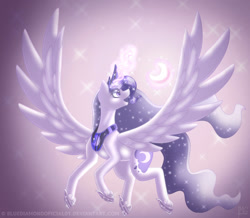 Size: 1280x1115 | Tagged: safe, artist:bluediamondoficial01, imported from derpibooru, princess luna, alicorn, pony, crown, digital art, ethereal mane, feather, female, flowing mane, flowing tail, flying, glowing, glowing horn, hoof shoes, horn, jewelry, magic, open mouth, regalia, signature, simple background, smiling, solo, sparkles, spread wings, starry mane, starry tail, tail, wings