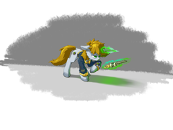 Size: 4000x3000 | Tagged: safe, artist:blue ink, imported from derpibooru, oc, oc only, oc:littlepip, pony, unicorn, fallout equestria, dock, female, floppy ears, gun, handgun, lidded eyes, little macintosh, magic, mare, raised hoof, revolver, solo, tail, telekinesis, weapon