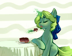 Size: 3875x3000 | Tagged: safe, artist:blue ink, imported from derpibooru, oc, oc only, oc:silver bell, pony, unicorn, bow, cake, eating, eyes closed, food, hair bow, high res, magic, open mouth, sitting, solo, table, telekinesis