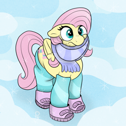 Size: 1673x1672 | Tagged: safe, artist:doodledonutart, imported from derpibooru, fluttershy, pegasus, pony, winter wrap up, boots, clothes, female, floppy ears, leg warmers, mare, scarf, shoes, snow, snow boots, socks, solo, stockings, striped socks, thigh highs, winter