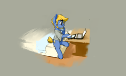 Size: 5000x3000 | Tagged: safe, artist:blue ink, imported from derpibooru, oc, oc only, oc:blue ink, earth pony, pony, beard, bed, clothes, computer, desk, drawing tablet, facial hair, glasses, hoof on chin, laptop computer, male, shirt, short tail, sitting, solo, stallion, stylus, tail