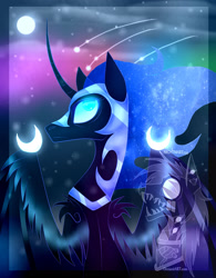 Size: 1920x2458 | Tagged: safe, artist:nightmare254, edit, imported from derpibooru, nightmare moon, pony, blue eyes, blue mane, colored pupils, curved horn, digital art, ethereal mane, eyelashes, feather, female, flowing mane, helmet, horn, logo, logo edit, long horn, looking up, moon, moonlight, sky, solo, starry mane, stars, watermark, wings