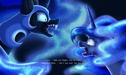 Size: 1280x768 | Tagged: dead source, safe, artist:janeraver, imported from derpibooru, nightmare moon, princess luna, alicorn, pony, black background, blue eyes, blue mane, colored pupils, dialogue, digital art, ethereal mane, eyelashes, fangs, female, flowing mane, helmet, horn, looking at each other, night, open mouth, self paradox, self ponidox, signature, simple background, starry mane, stars, teary eyes, teeth