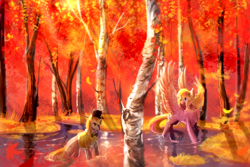 Size: 3000x2000 | Tagged: safe, artist:aquagalaxy, imported from derpibooru, oc, oc only, pegasus, pony, unicorn, autumn, birch tree, blue eyes, bowtie, clothes, color porn, crepuscular rays, duo, eye contact, falling leaves, forest, grass, gray coat, hat, high res, horn, in water, leaves, legs in the water, looking at each other, maple tree, oc name needed, open mouth, open smile, outdoors, pegasus oc, pink coat, scenery, scenery porn, shirt, smiling, spread wings, standing in water, sunlight, tail, top hat, tree, unicorn oc, water, wings, yellow mane, yellow tail