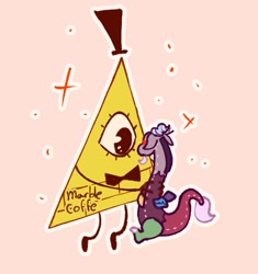 Size: 587x624 | Tagged: safe, artist:marblecoffe, imported from derpibooru, discord, bill cipher, digital art, gravity falls, hat, merchandise, necktie, outline, signature, simple background, sparkles, top hat, toy, triangle, white outline