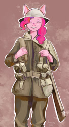 Size: 698x1280 | Tagged: safe, artist:louraa, imported from derpibooru, anthro, earth pony, clothes, digital art, eyes closed, female, helmet, simple background, soldier, solo, weapon, world war i