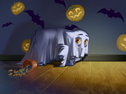 Size: 2732x2048 | Tagged: safe, artist:blue ink, imported from derpibooru, oc, oc only, oc:blue ink, pony, bedsheet ghost, bucket, candy, clothes, costume, food, halloween, high res, holiday, nightmare night, pumpkin, scared, solo