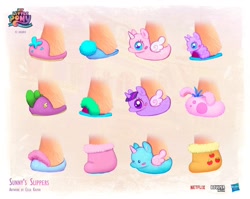 Size: 1080x860 | Tagged: safe, artist:celia kaspar, imported from derpibooru, applejack, spike, sunny starscout, twilight sparkle, clothes, concept art, g5, hasbro logo, my little pony logo, my little pony: a new generation, netflix logo, slippers