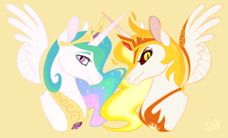 Size: 640x390 | Tagged: safe, artist:emma-heart-art, imported from derpibooru, daybreaker, princess celestia, pony, bust, duality, portrait