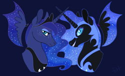 Size: 640x390 | Tagged: safe, alternate version, artist:emma-heart-art, imported from derpibooru, nightmare moon, princess luna, pony, alternate character, bust, duality, portrait