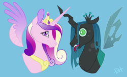 Size: 640x390 | Tagged: safe, artist:emma-heart-art, imported from derpibooru, princess cadance, queen chrysalis, changeling, pony, bust, portrait, slit pupils