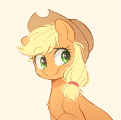 Size: 679x672 | Tagged: safe, artist:higgly-chan, imported from derpibooru, applejack, earth pony, pony, applejack's hat, bust, chest fluff, cowboy hat, cute, female, freckles, hat, jackabetes, mare, simple background, smiling, solo