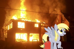 Size: 2048x1365 | Tagged: safe, imported from derpibooru, derpy hooves, arson, fire, house, implied death, irl, some mares just want to watch the world burn