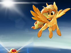 Size: 2732x2048 | Tagged: safe, artist:blue ink, imported from derpibooru, oc, oc only, oc:fly, oc:solar flare, alicorn, parasprite, pony, alicorn oc, flying, high res, horn, lens flare, looking at something, wings