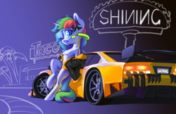 Size: 2574x1668 | Tagged: safe, artist:blue ink, imported from derpibooru, oc, oc only, oc:shining star, pony, unicorn, bipedal, bipedal leaning, car, chest fluff, clothes, human shoulders, jacket, leaning, not rainbow dash, solo, visor